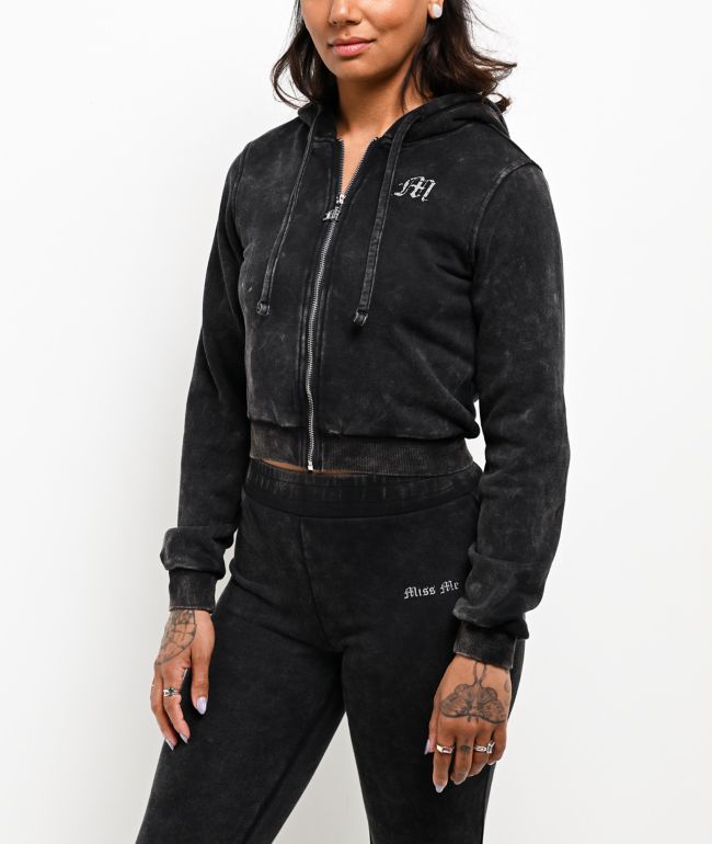 Miss Me Washed Black Crop Zip Hoodie