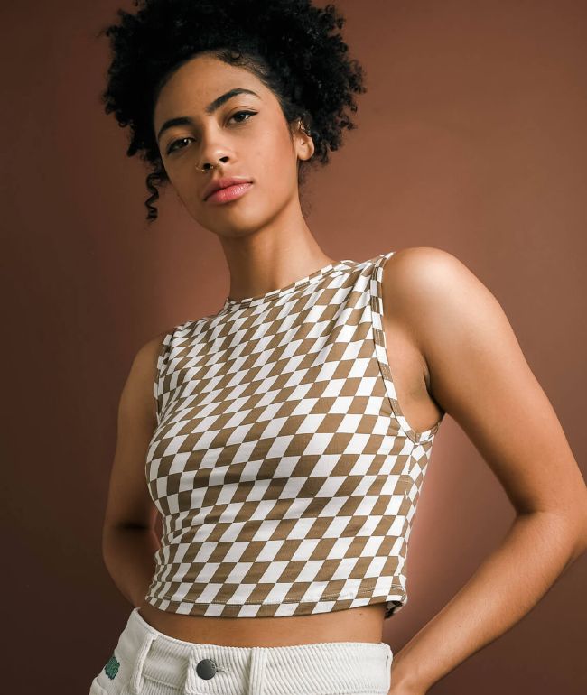 Motel Gimon Brown & White Checkered Crop Tank Top - thumbnail 3