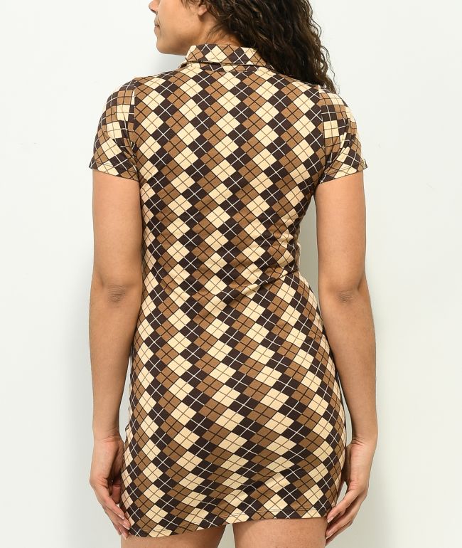 Motel Jeeves Brown Argyle Bodycon Dress - thumbnail 2