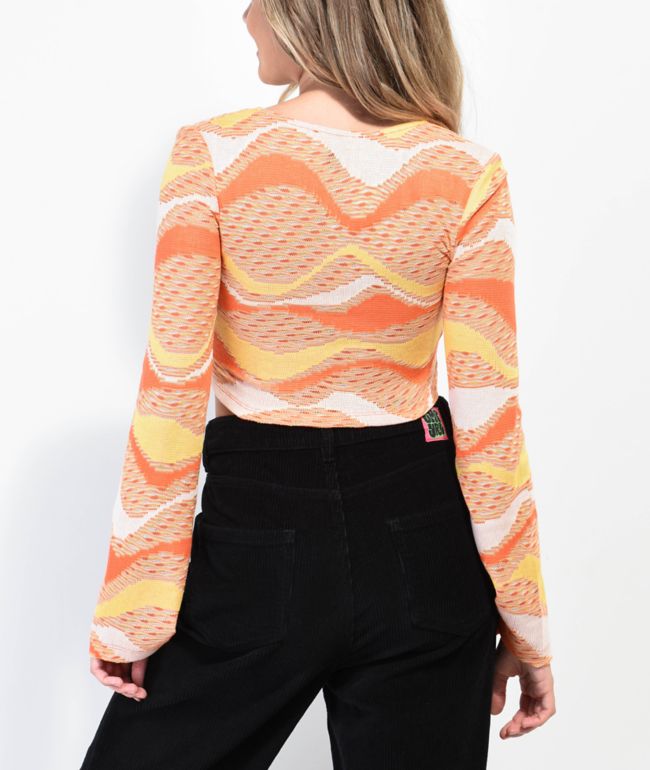 NGOrder Orange Flare Sleeve Tie Front Crochet Crop Top - thumbnail 2