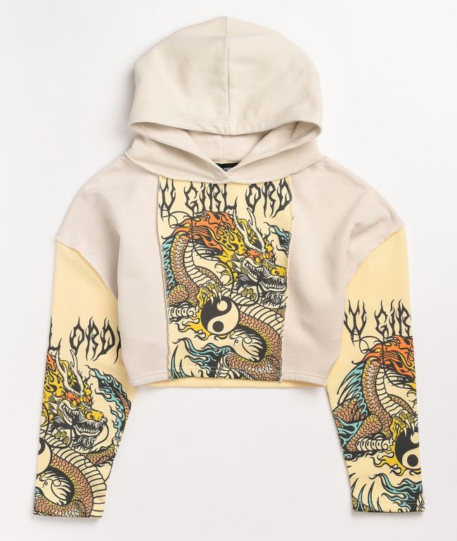 NGOrder Yin Yang Dragon Panel Yellow & Beige Crop Hoodie