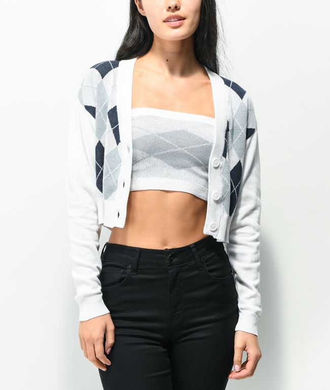 Nikka K White, Blue, & Grey Argyle Crop Sweater