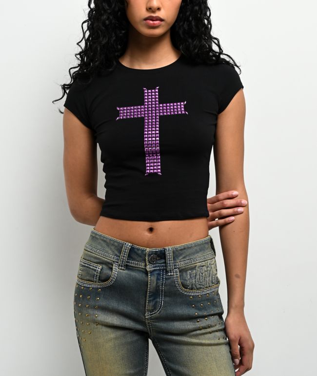 Ninth Hall Alina Studs Cross Black Crop T-Shirt