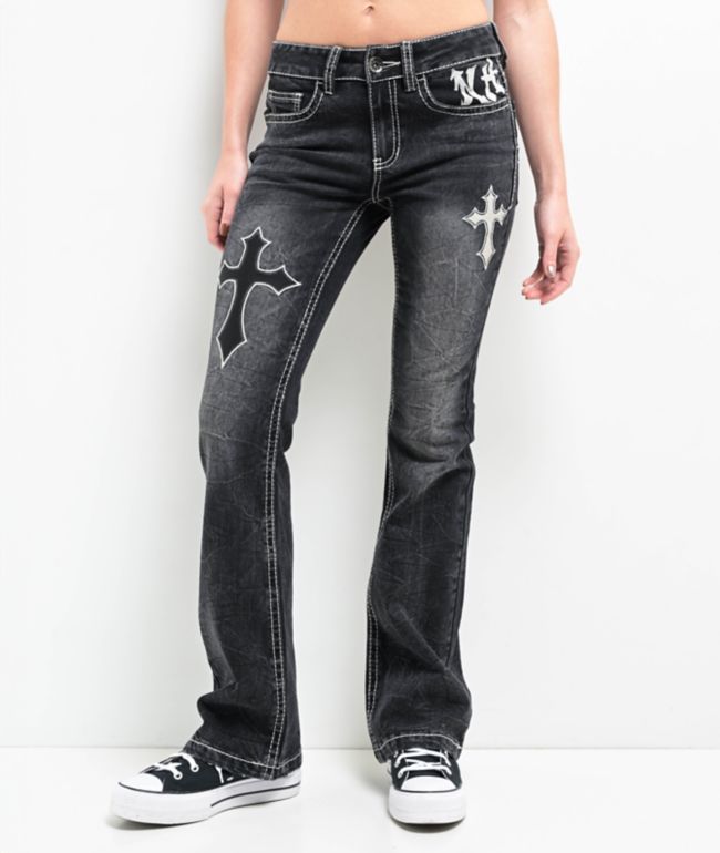 Ninth Hall Alyssia Cross Black Wash Mid Rise Bootcut Jeans