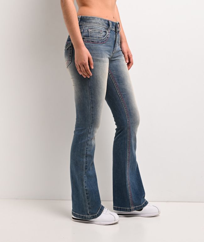 Ninth Hall Alyssia Pink Stitch Blue Wash Bootcut Jeans - thumbnail 3