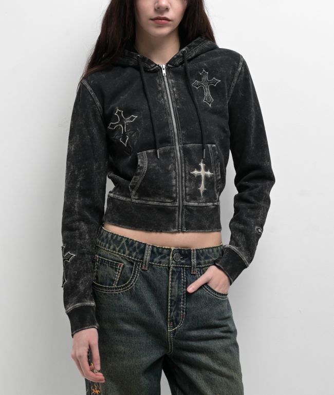 Ninth Hall Andover Cross Black Wash Zip Hoodie
