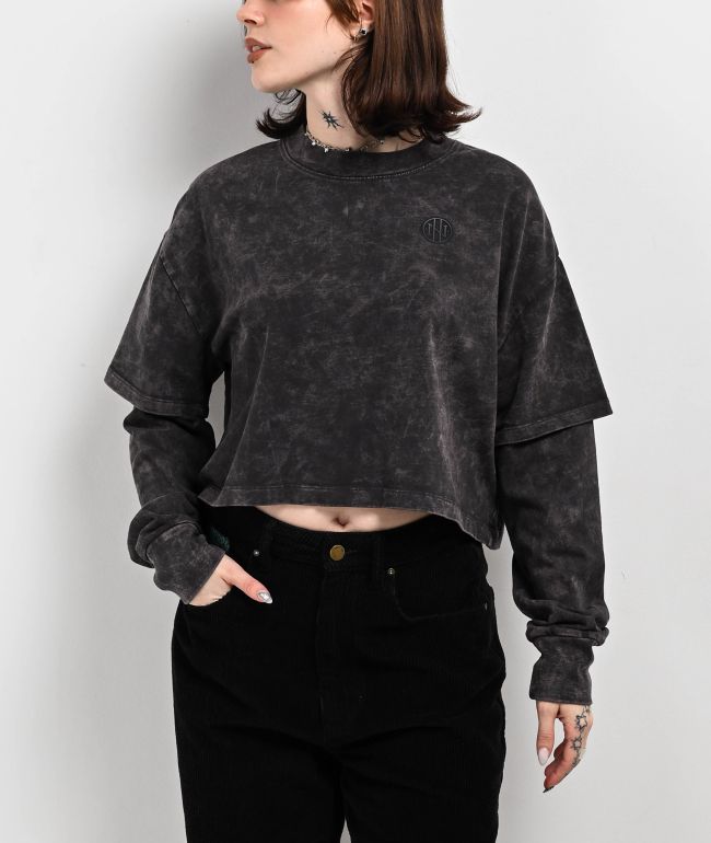 Ninth Hall Fundamentals Lonnie Black Wash Boxy 2fer Crop Long Sleeve T-Shirt