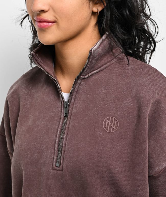 Ninth Hall Fundamentals Sheena Washed Brown Oversized Quarter Zip Sweatshirt - thumbnail 3