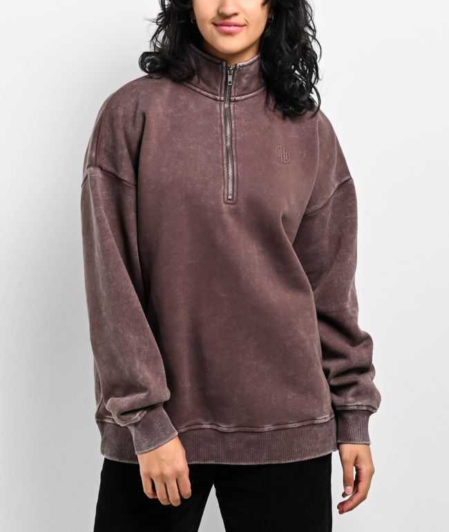 Ninth Hall Fundamentals Sheena Washed Brown Oversized Quarter Zip Sweatshirt