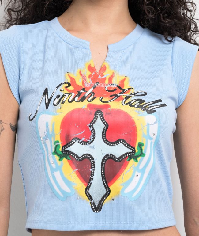 Ninth Hall Harper Cross Heart Light Blue Crop T-Shirt - thumbnail 3