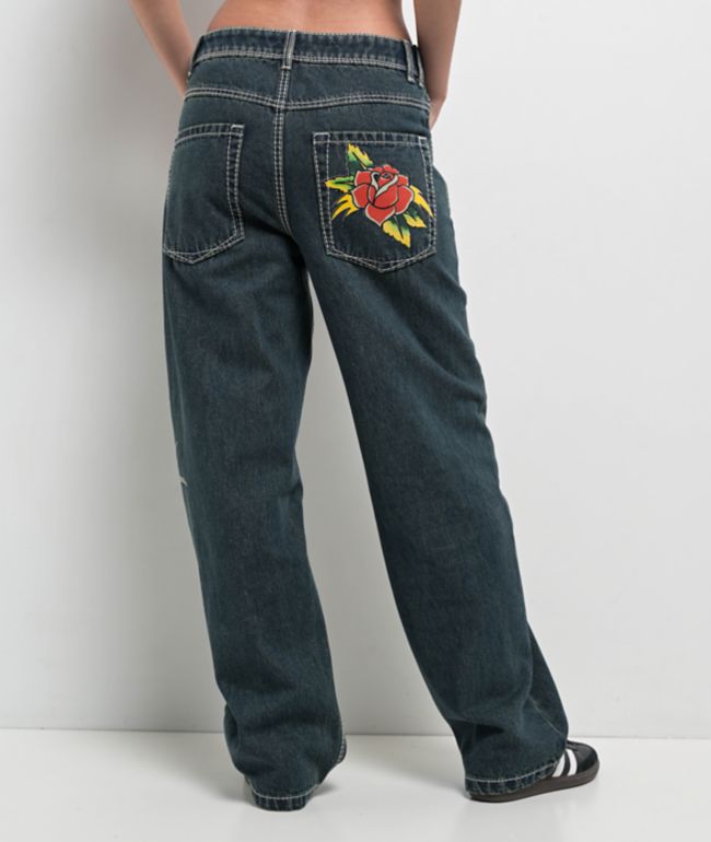 Ninth Hall Idle Printed Blue Dark Wash Straight Leg Jeans - thumbnail 2
