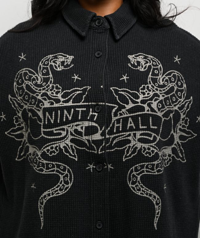 Ninth Hall Stencil Black Thermal Long Sleeve Button Up Shirt - thumbnail 3