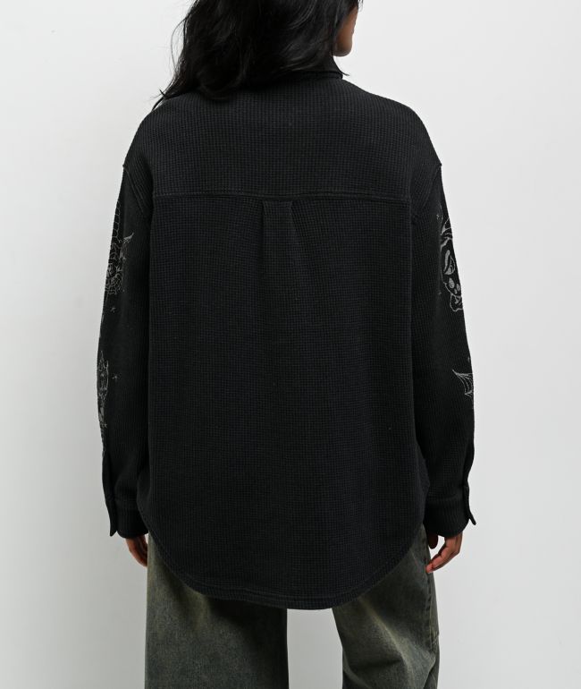 Ninth Hall Stencil Black Thermal Long Sleeve Button Up Shirt - thumbnail 2