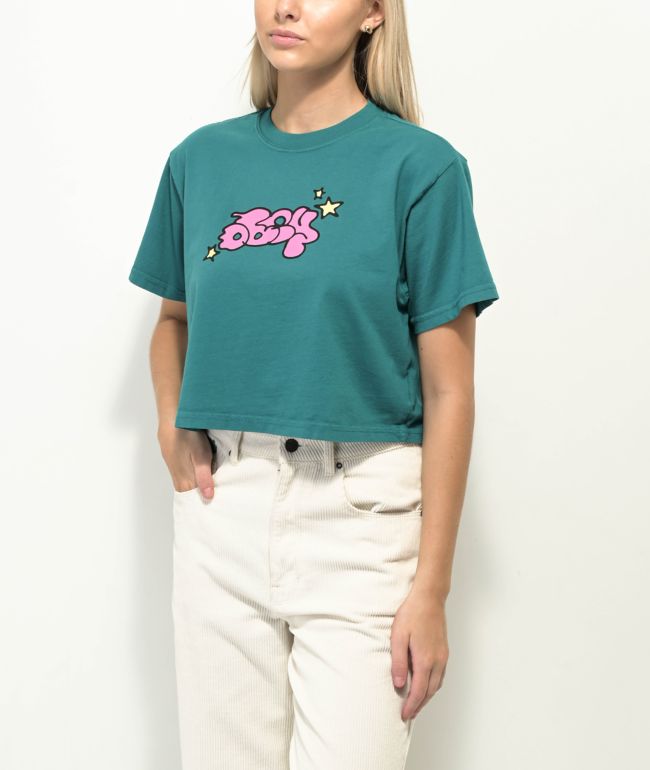 Obey Bubble And Stars Teal Crop T-Shirt - thumbnail 3