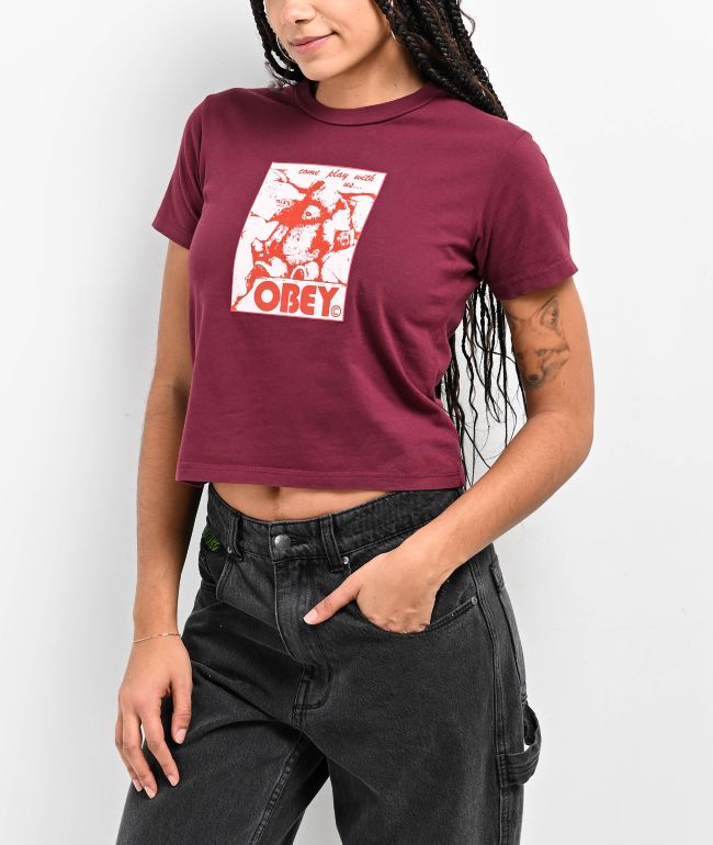 Obey Come Play With Us Red Crop T-Shirt