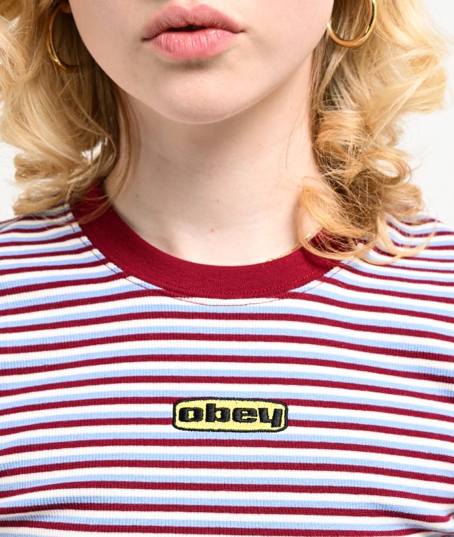 Obey Cypress Stripe Tibetan Red Multi Crop T-Shirt - thumbnail 3