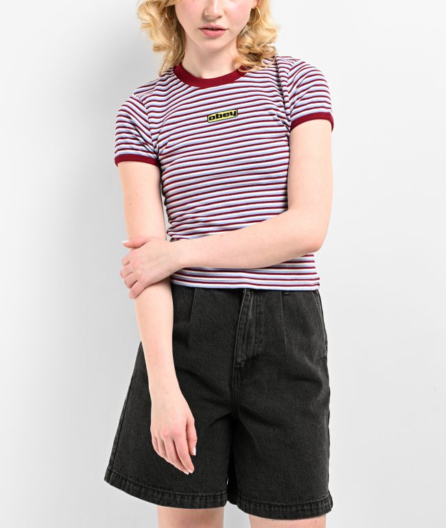 Obey Cypress Stripe Tibetan Red Multi Crop T-Shirt