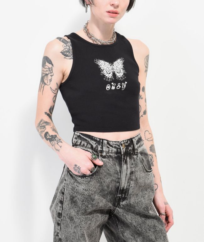 Obey Flaming Butterfly Black Ribbed Crop Tank Top