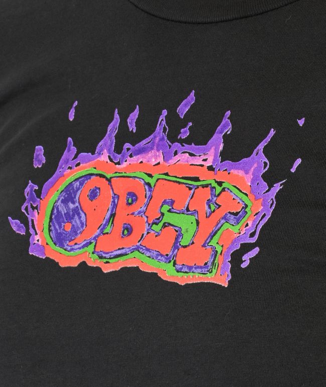 Obey Flaming Graffiti Black Crop T-Shirt - thumbnail 2
