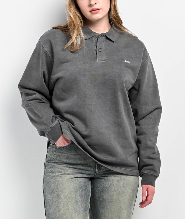 Obey Lowercase Black Pigment Dye Long Sleeve Polo Shirt