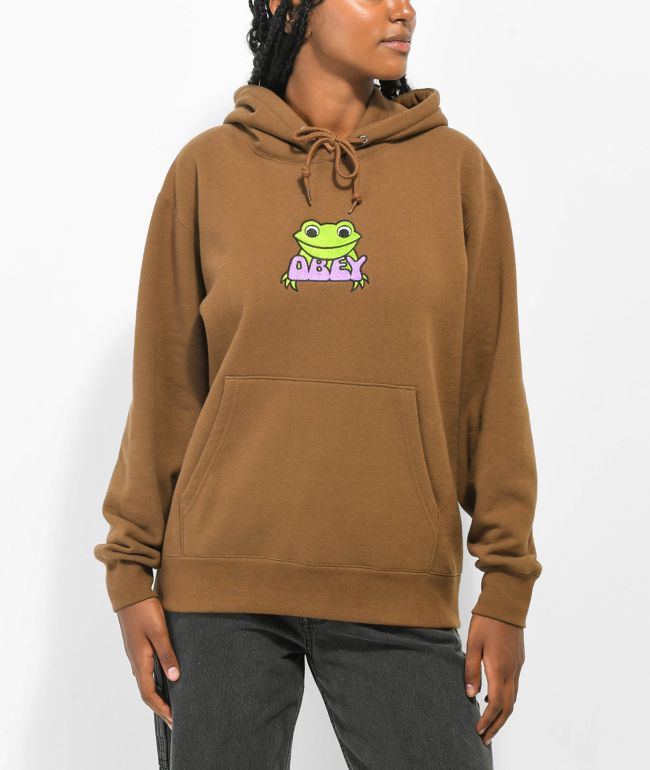 Obey Ribbit Embroidered Brown Hoodie