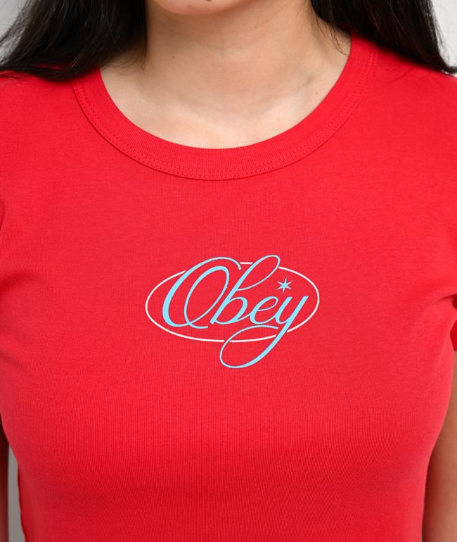 Obey Scripty Skater Red Crop T-Shirt - thumbnail 3