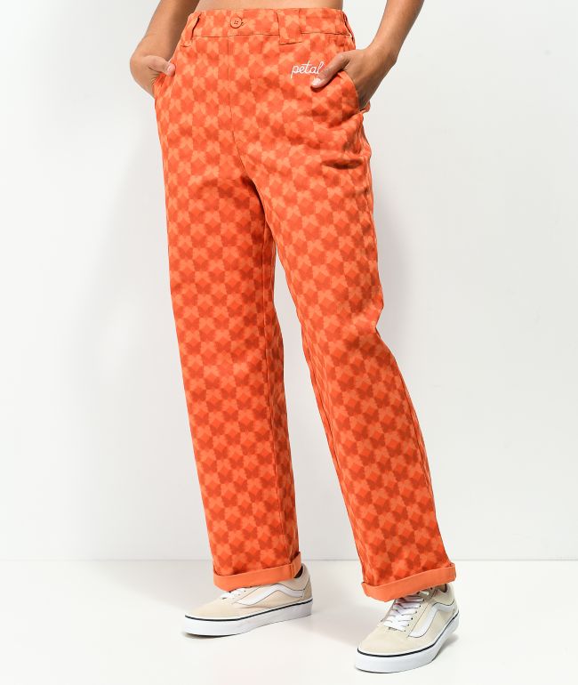 Petals and Peacocks Butterfly Checkered Orange Work Pants