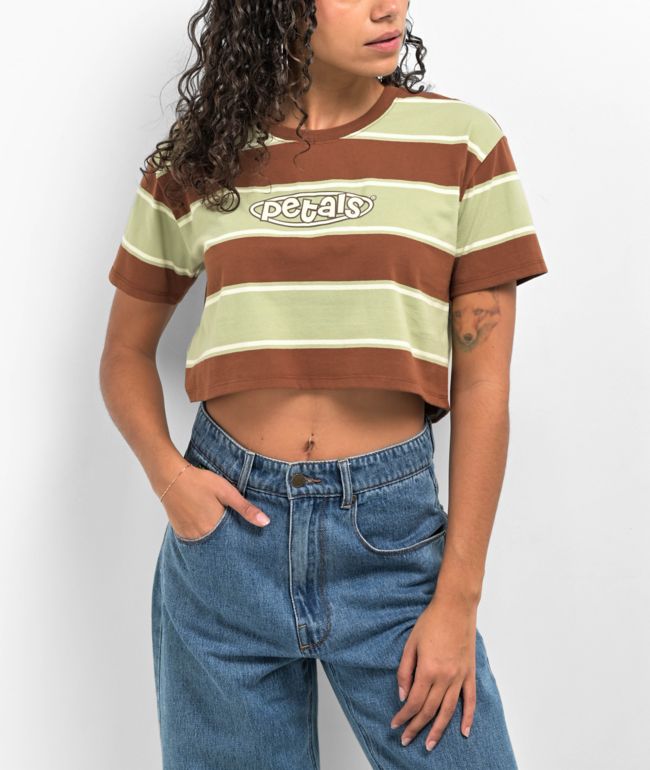 Petals by Petals And Peacocks Stripe Green & Brown Crop T-Shirt