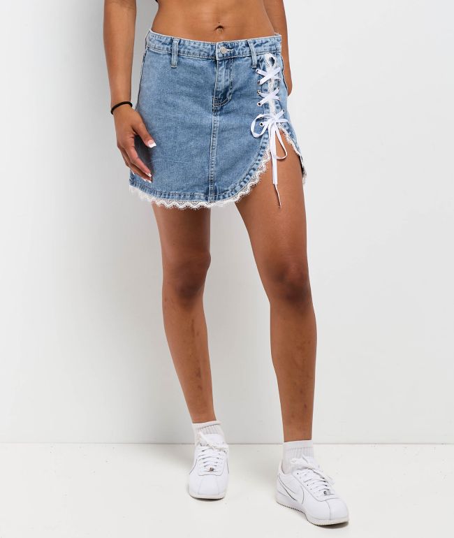 Playboy Lace Up Denim Mini Skirt