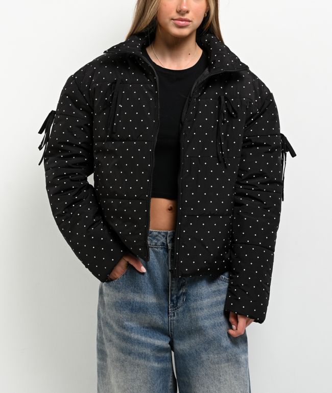 Pretty Garbage Daisy Polka Dot Black Crop Puffer Jacket