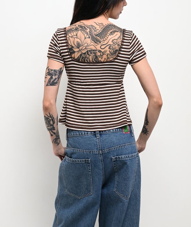 Pretty Garbage Juno Brown Henley Crop T-Shirt - thumbnail 2