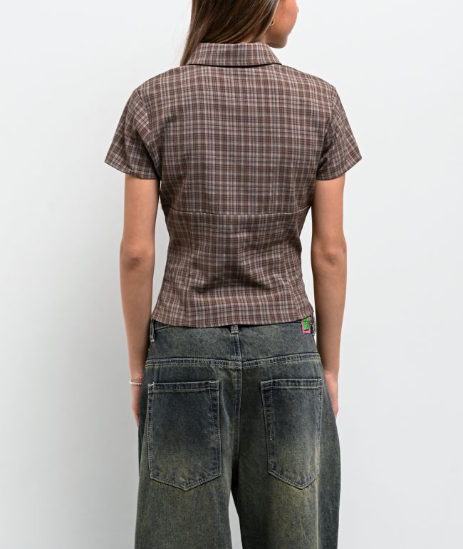 Pretty Garbage Lorane Brown Plaid Crop Button Up Shirt - thumbnail 2