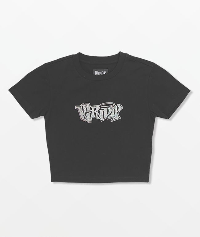 RIPNDIP Angels Rhinestone Black Crop Top T-Shirt