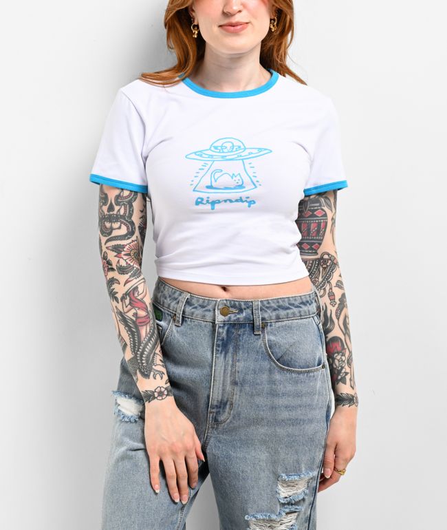 RIPNDIP Blonded White & Blue Crop Ringer T-Shirt