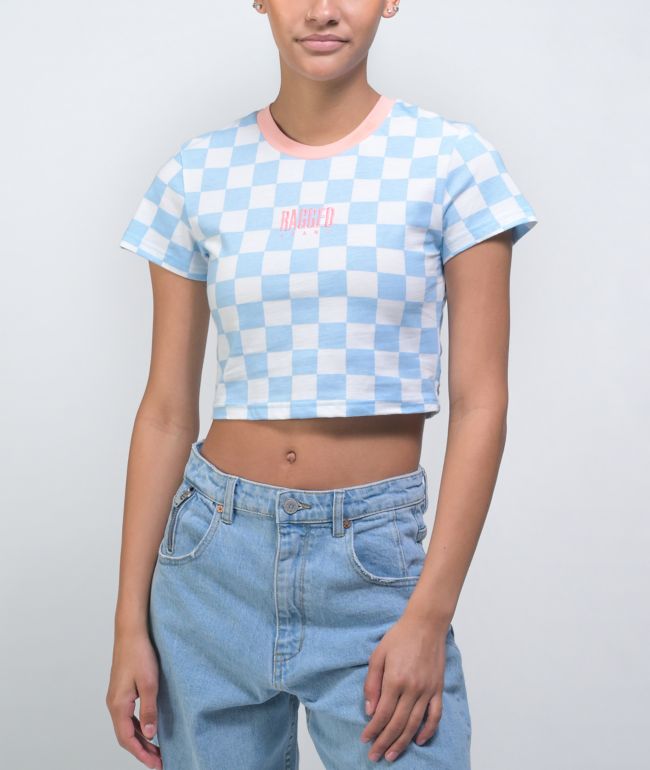 Ragged Priest Blue & White Checkerboard Ringer Crop T-Shirt