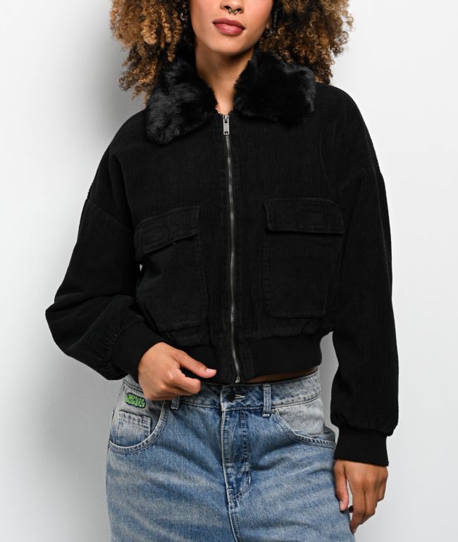 STOOSH Faux Fur Black Corduroy Crop Bomber Jacket