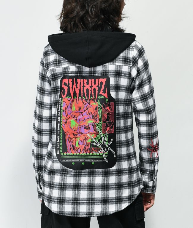 SWIXXZ Chrome Skeleton Plaid Black & White Hooded Flannel Shirt
