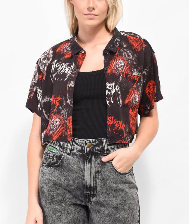 SWIXXZ Monster Pattern Black Crop Button Up Shirt