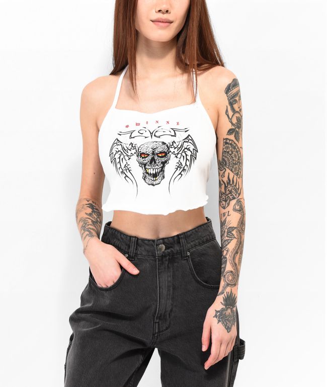 SWIXXZ Wing Skull White Halter Top