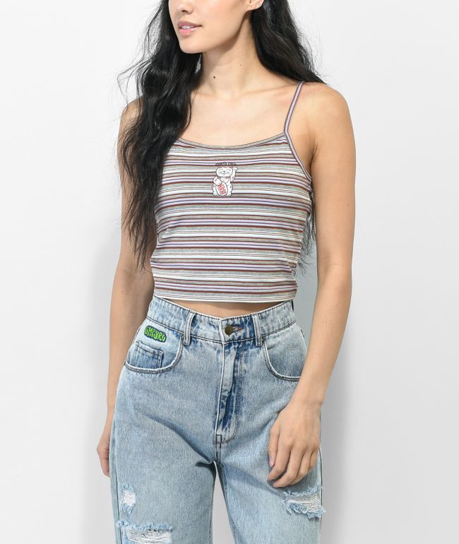 Santa Cruz Lucky Cat Brown & Purple Stripe Crop Tank Top