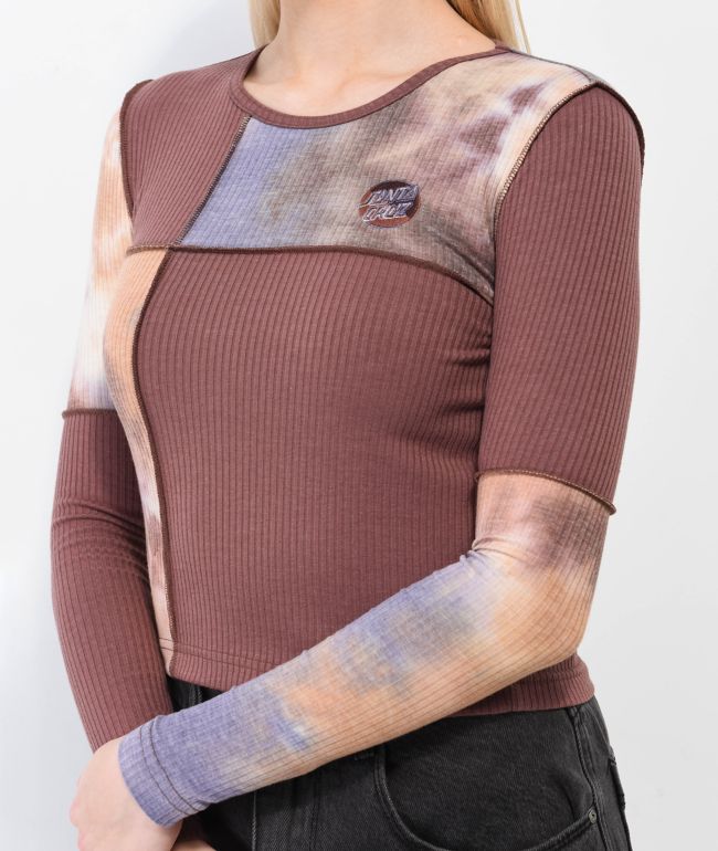 Santa Cruz Patchwork Dot Blocker Brown Long Sleeve Crop T-Shirt - thumbnail 3