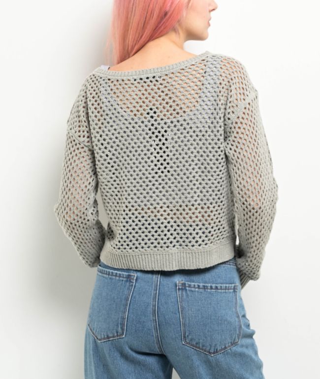 Spicychix Grey Open Knit Long Sleeve Crop Sweater - thumbnail 2