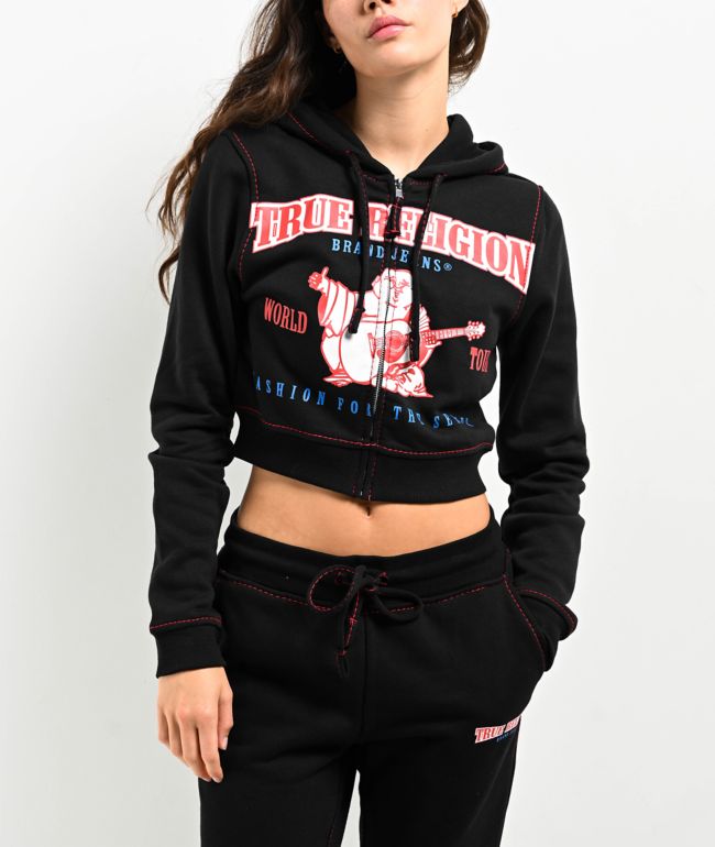 True Religion Anniversary Big T Black Crop Zip Hoodie