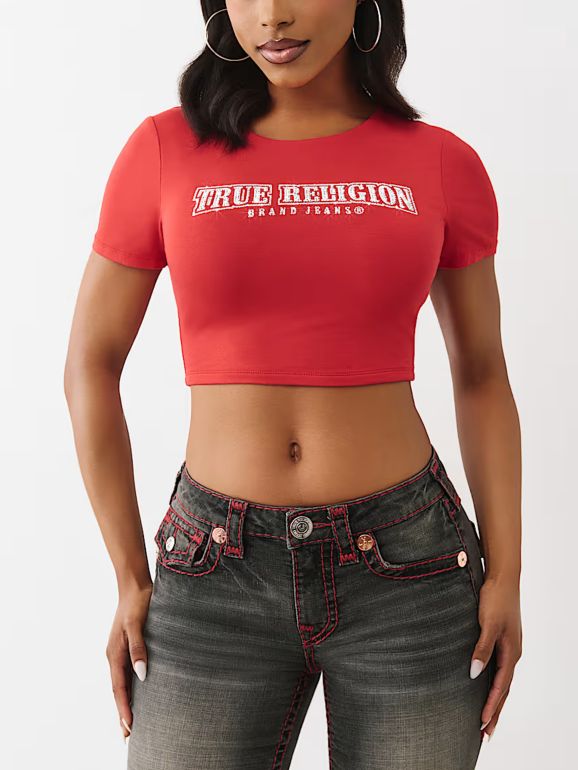 True Religion Anniversary Crystal Spicy Red Crop T-Shirt