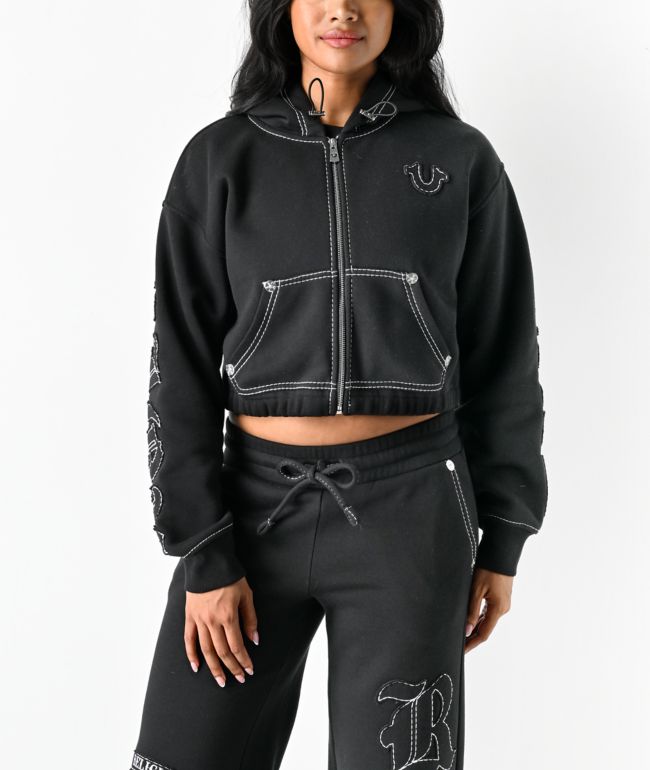 True Religion Applique Black Crop Zip Hoodie - thumbnail 2