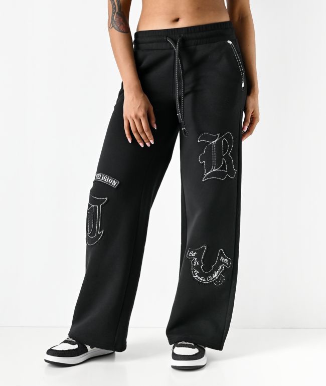 True Religion Applique Black Wide Leg Sweatpants