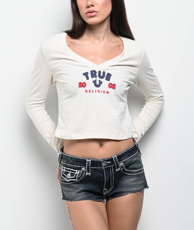 True Religion Applique Winter White Long Sleeve Crop T-Shirt
