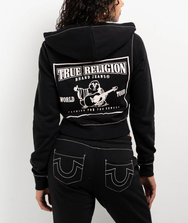 True Religion Big T Buddha Black Crop Zip Hoodie