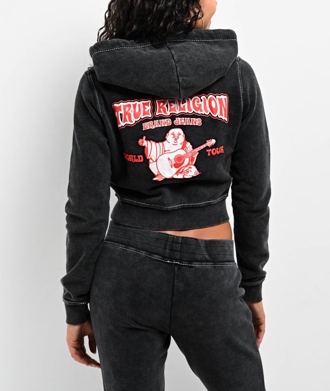 True Religion Big T Logo Black Wash Crop Zip Hoodie
