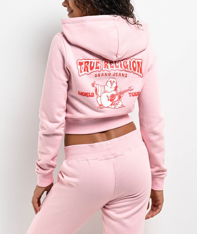 True Religion Big T Logo Pink Crop Zip Hoodie